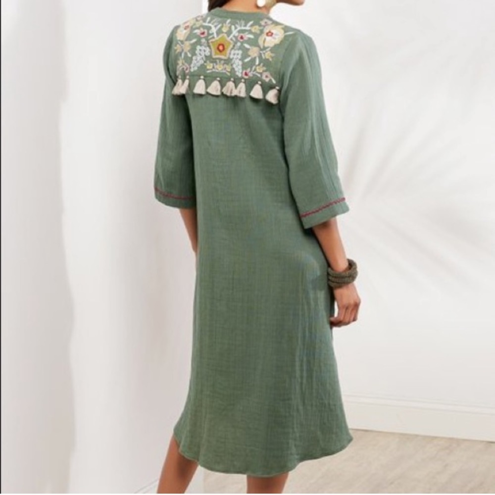Soft Surroundings green cristoforo embroidered tassel midi tunic dress women's L
